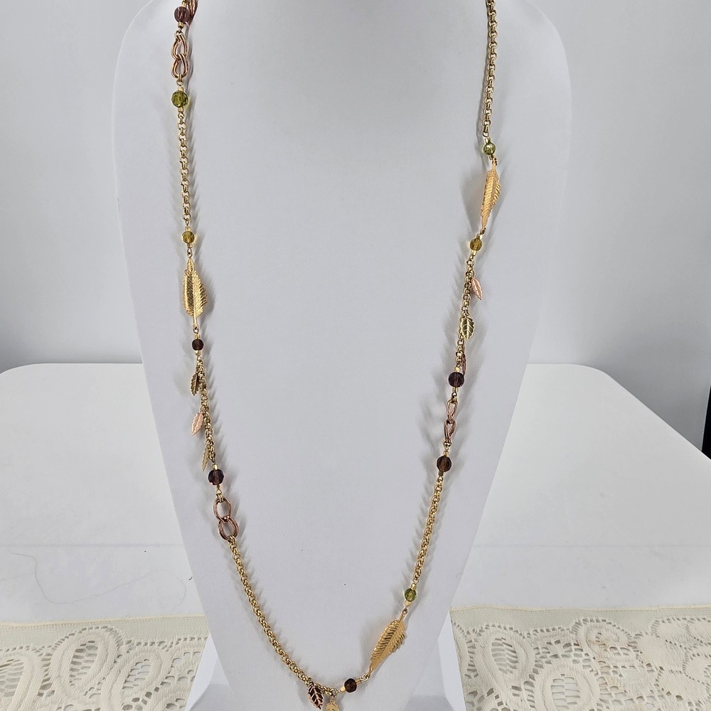 Gold Tone Leaf Station Necklace with Green and Purple Glass Beads Long Chain